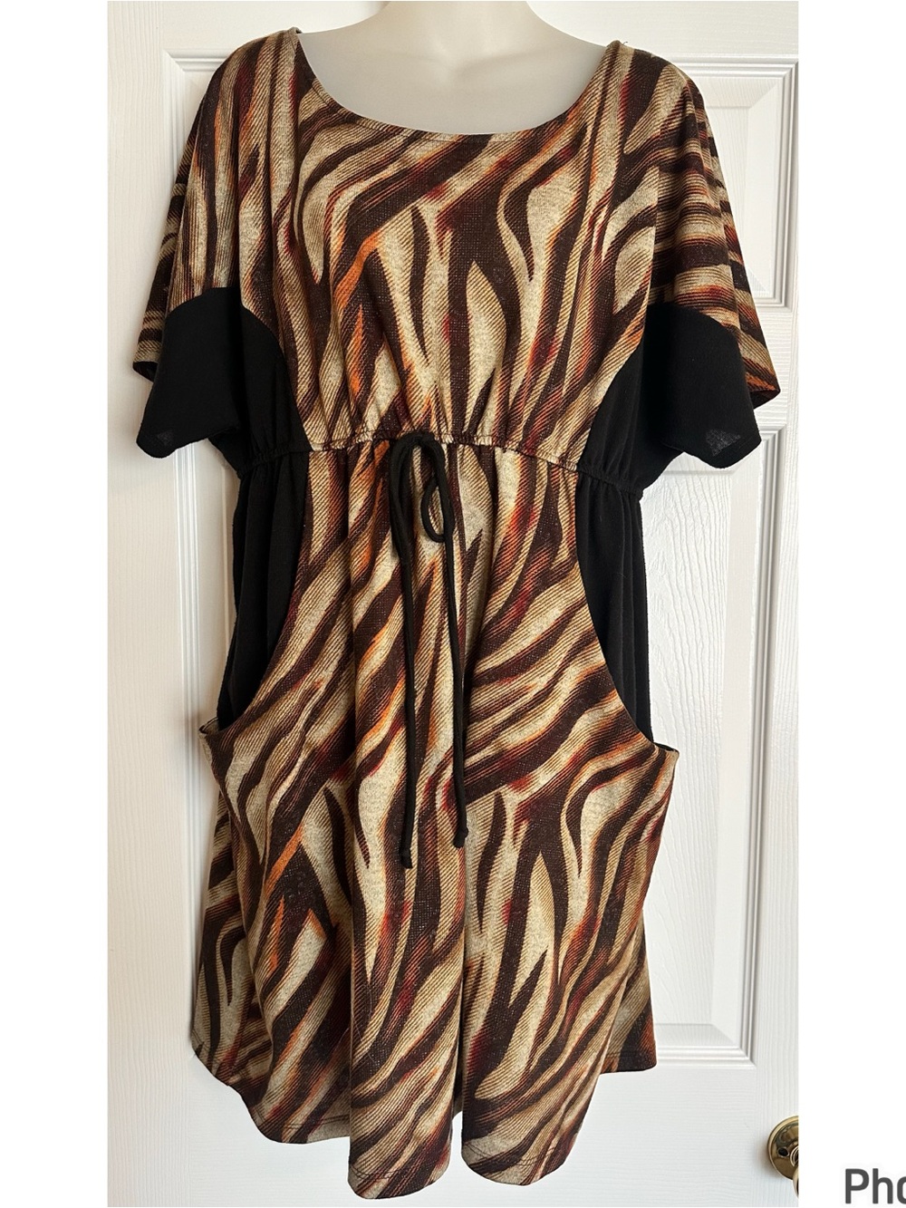 Zebra-Print Midi Dress with Drawstring Waist in Brown and Cream